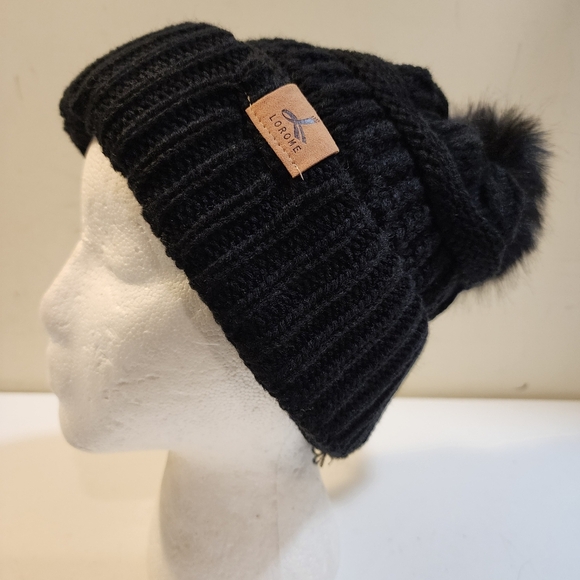 LOROME Women's Black Ribbed Knit Beanie with Pom Pom - Picture 1 of 14